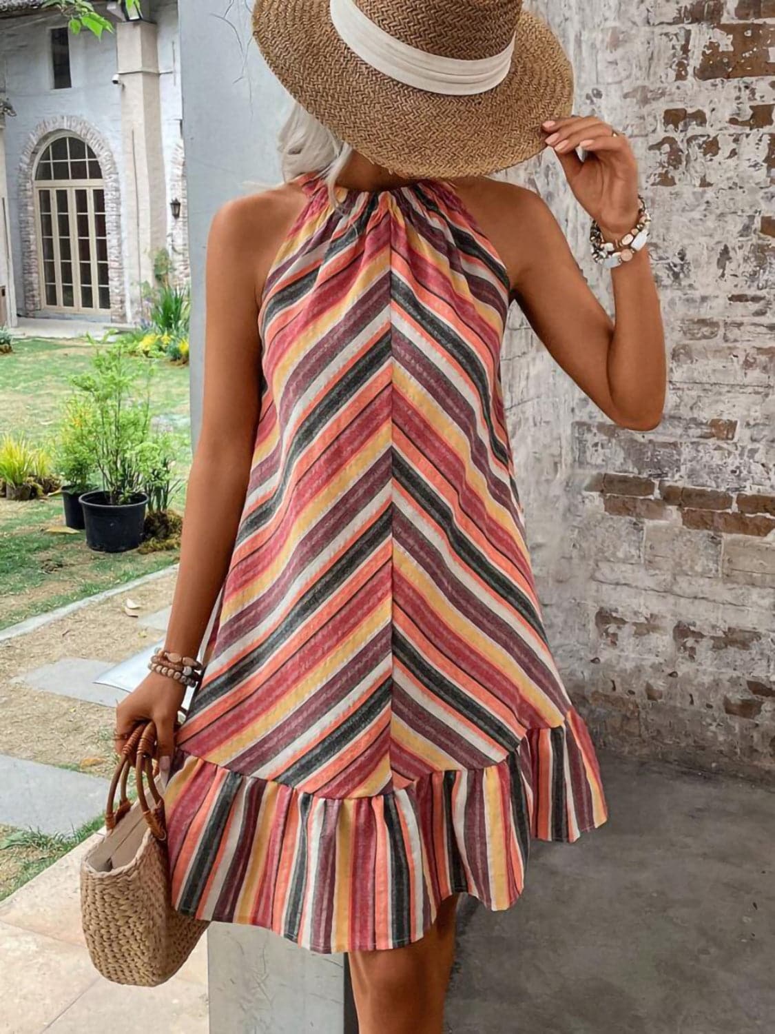 Striped Grecian Neck Dress.