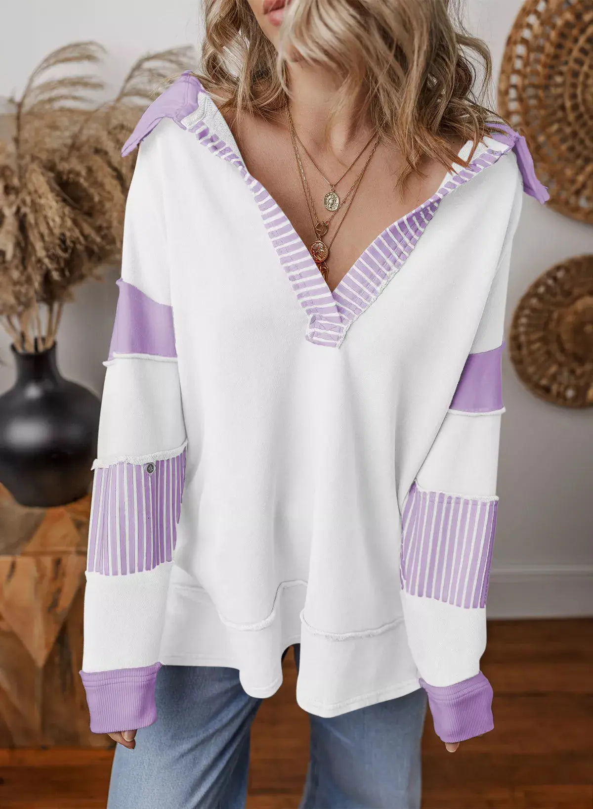 Color Block Striped Johnny Collar Sweatshirt Simply Love