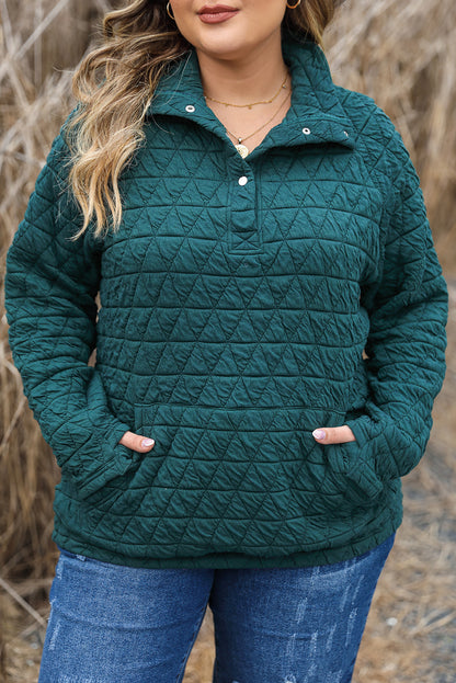 Plus size quilted sweatshirt in blackish green with pocket and button detail