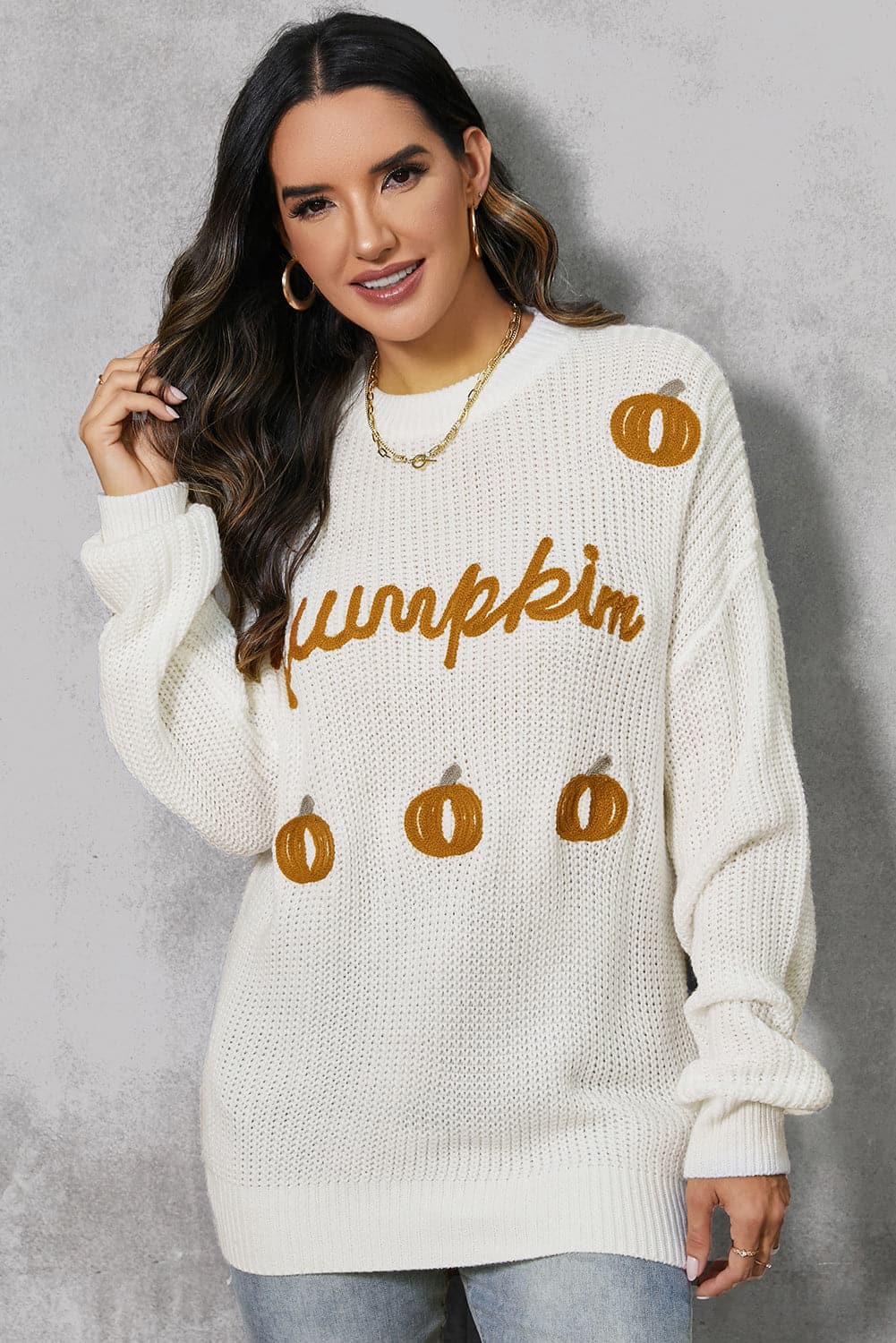 Pumpkin Embroidery Long Sleeve Sweater.