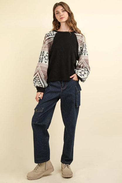 VERY J Printed Long Sleeve Round Neck Knit Top