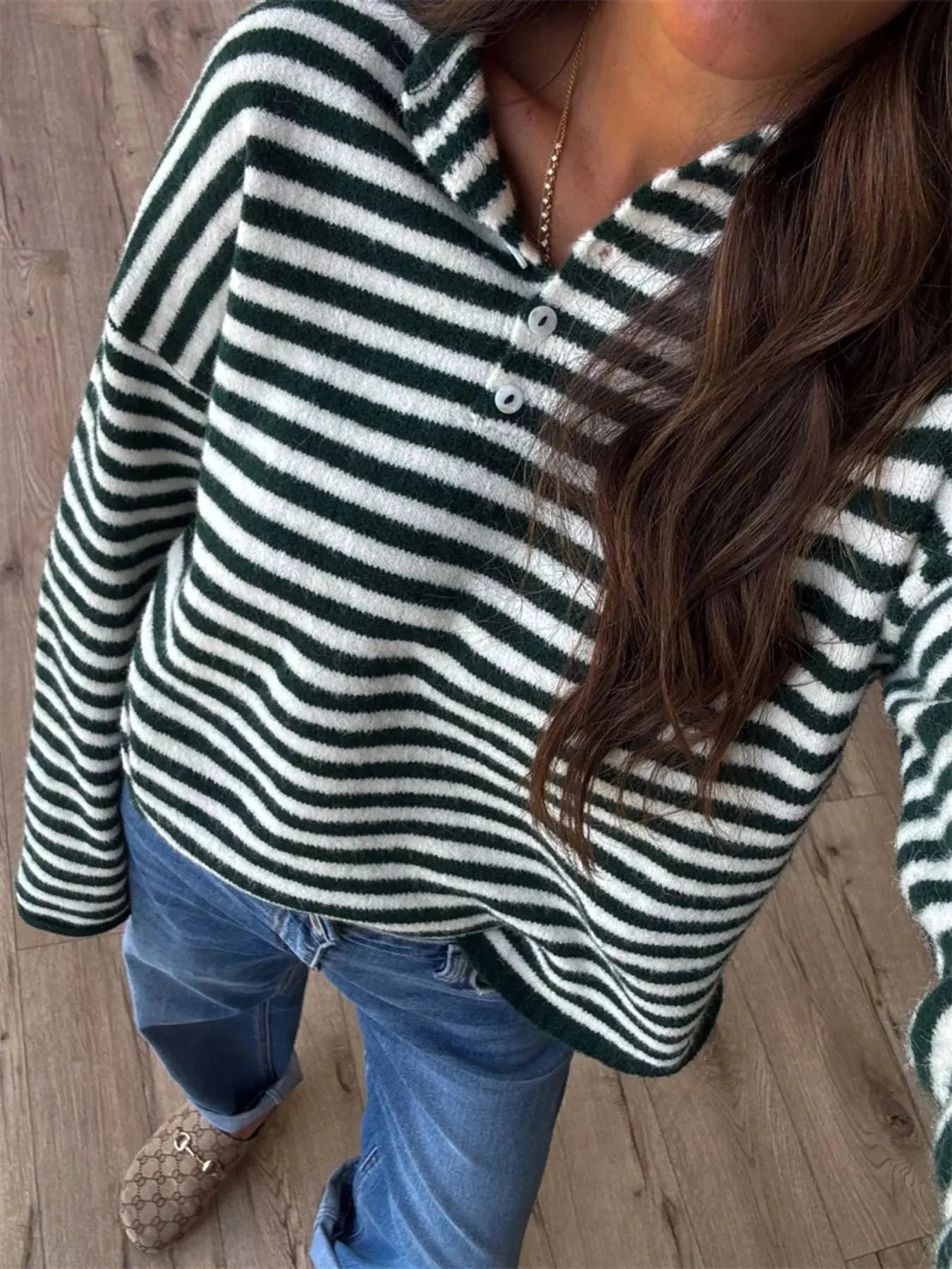 Button Detail Dropped Shoulder Striped Sweater Simply Love