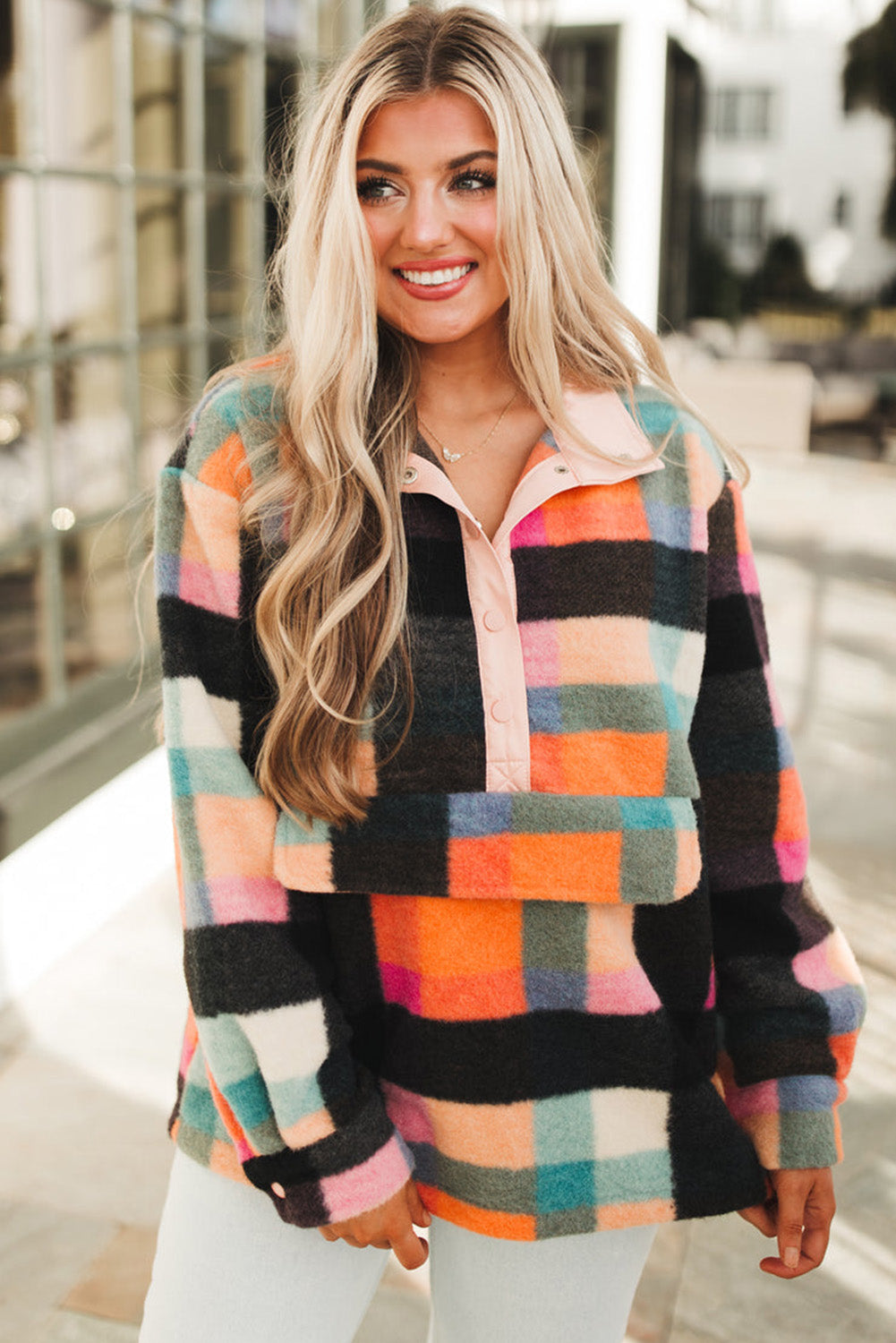 Cozy checkered sherpa henley sweatshirt for plus sizes