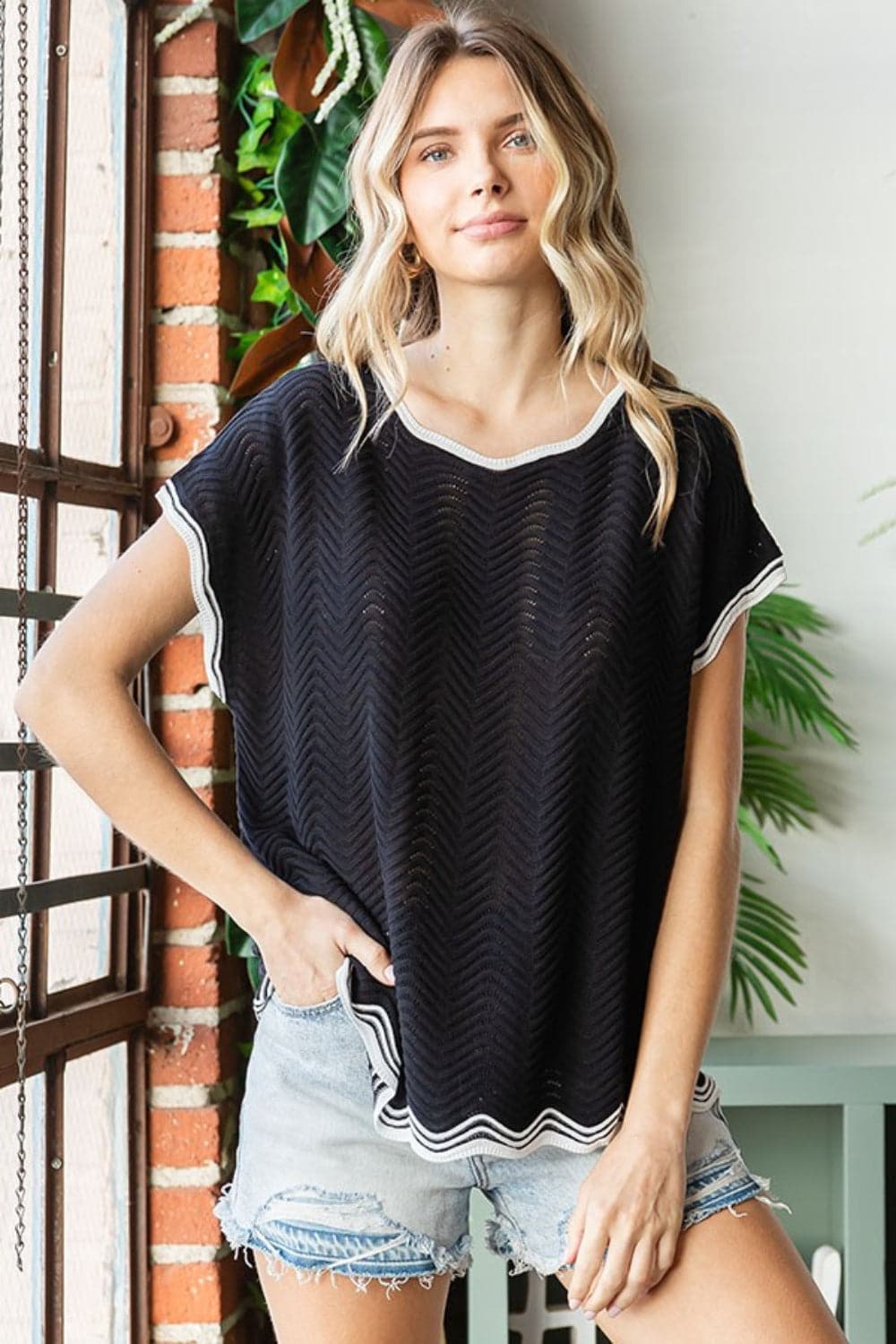 First Love Full Size Contrast Wavy Crochet Drop Shoulder Knit Top.