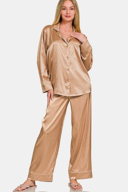 Satin Luxe Long Sleeve Pajama Set with Comfort Fit Pants