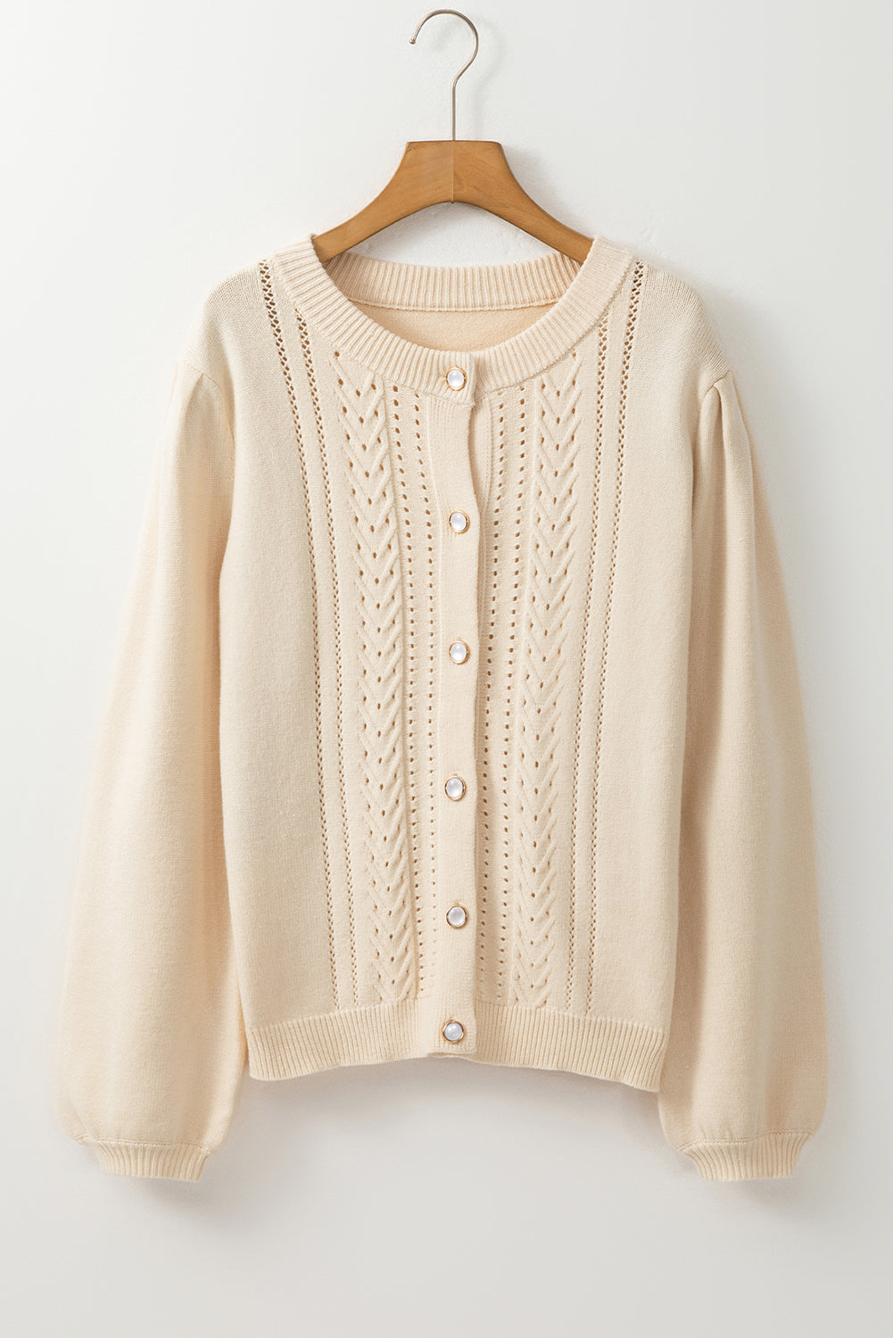 Apricot Elegant Button-Front Cardigan with Pleated Sleeves and Hollow Details