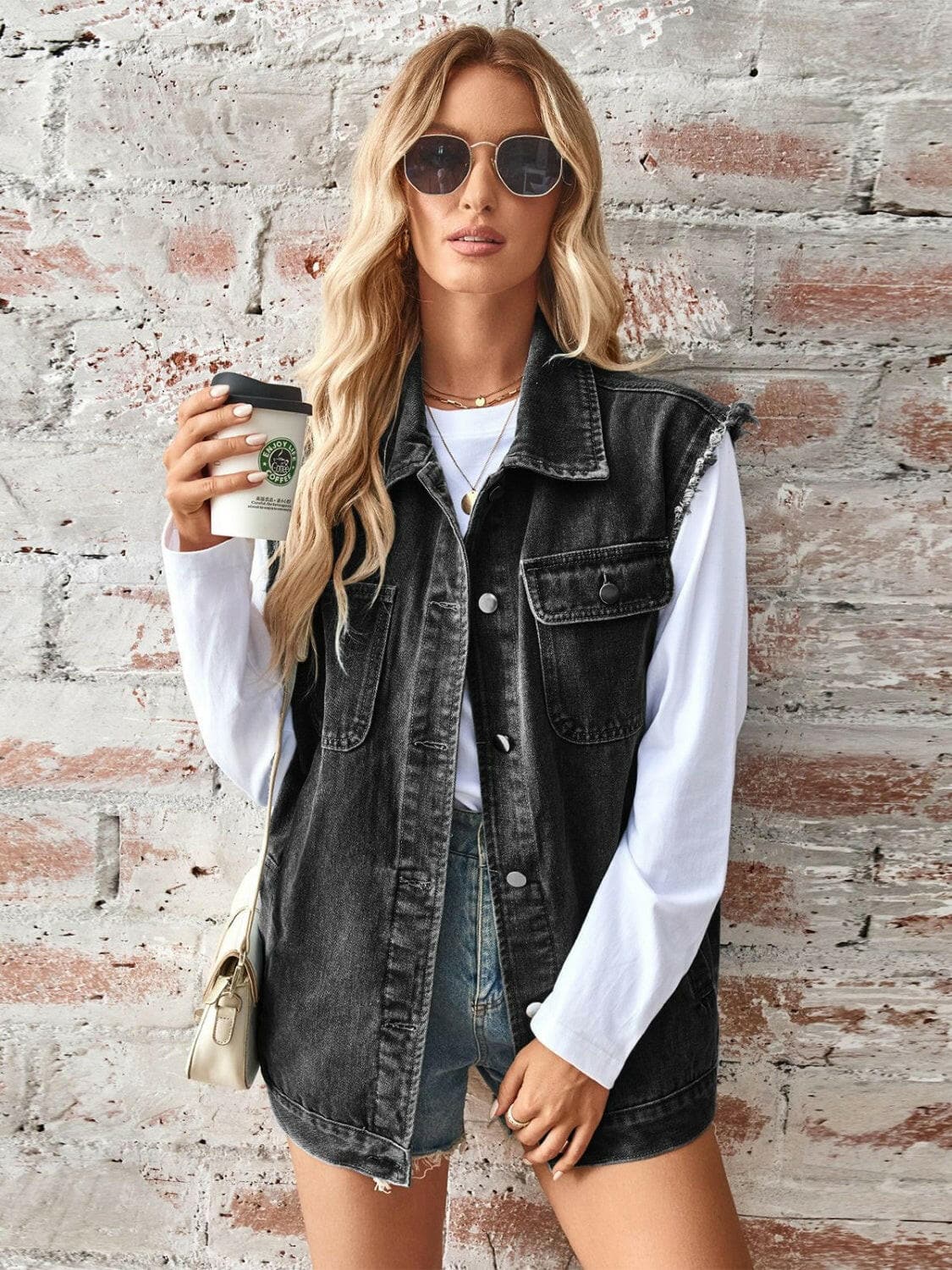 Raw Hem Sleeveless Button Up Denim Jacket.