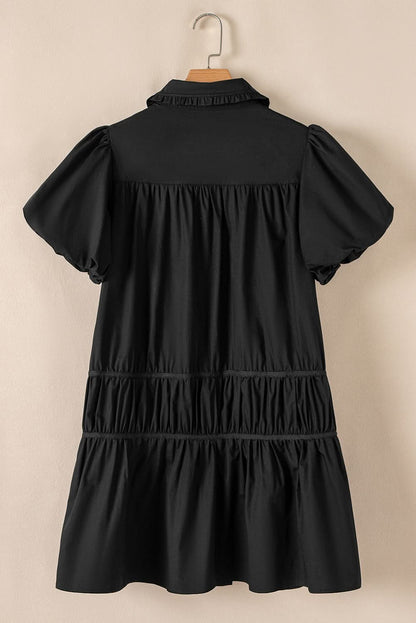 Chic Black Puff Sleeve Ruffle Hem Button Down Dress