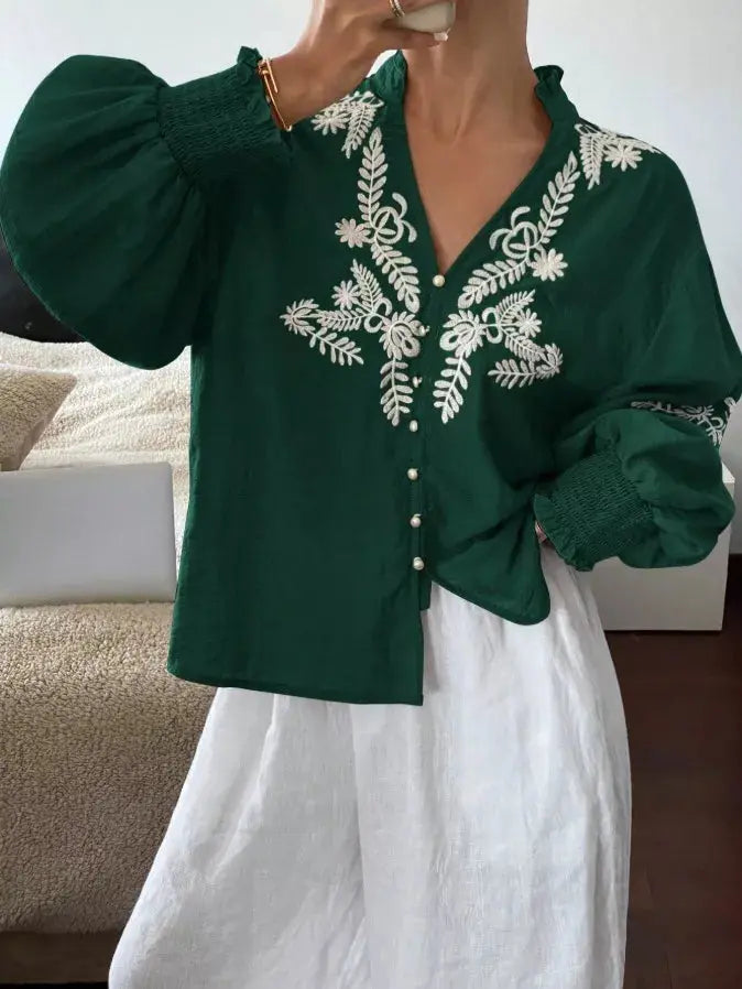 Embroidered Notched Long Sleeve Blouse Simply Love