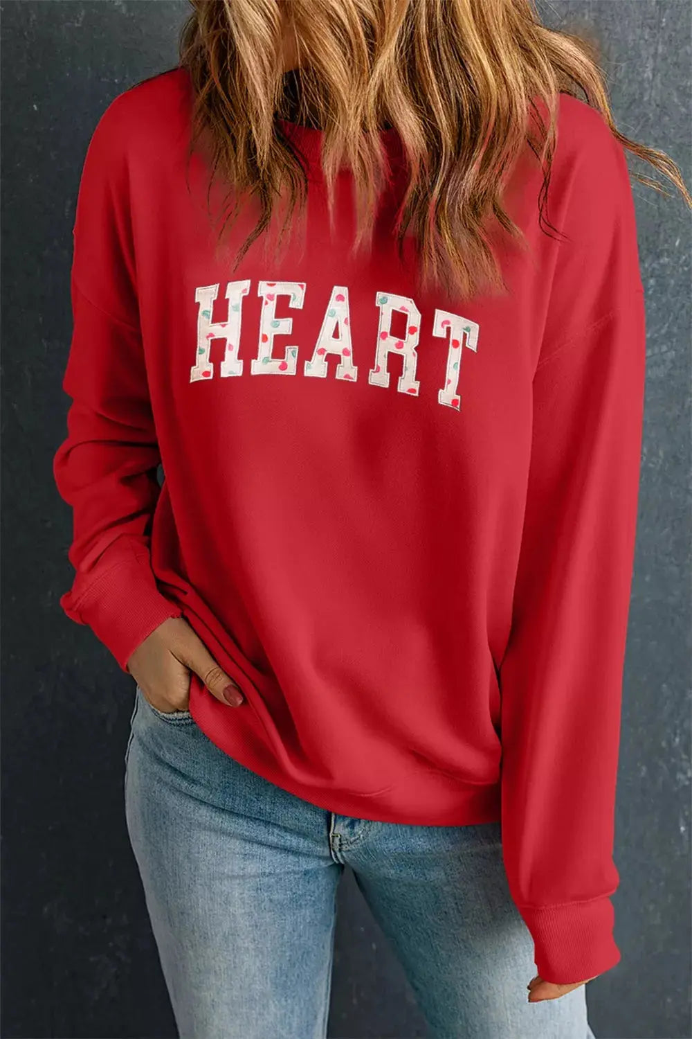 HEART Embroidered Patched Graphic Valentine Sweatshirt Simply Love