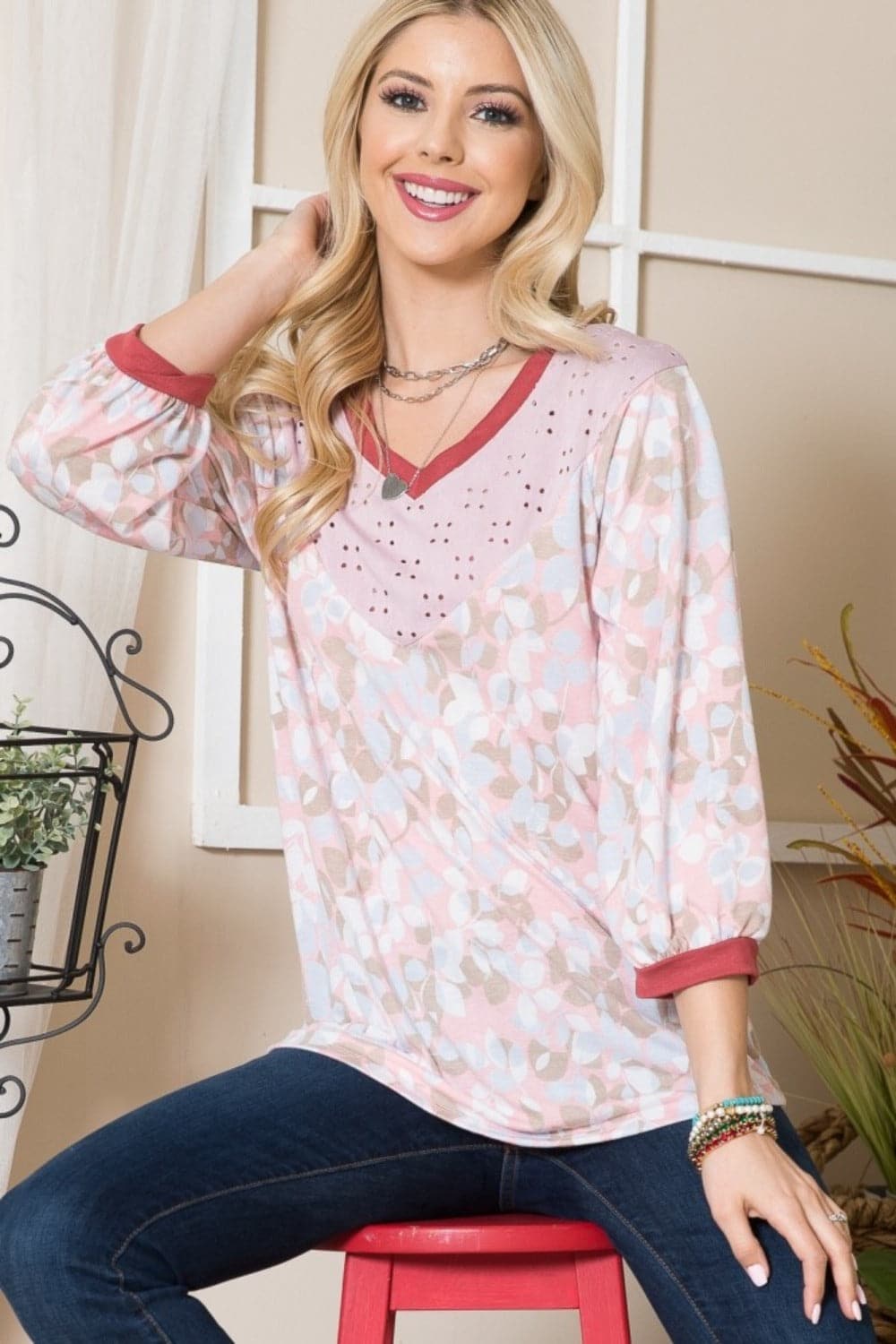 Celeste Full Size Leaf Print Contrast Trim Balloon Sleeve Top.