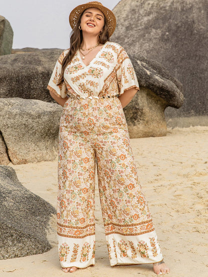 Plus Size V-Neck Flutter Sleeve Wide Leg Jumpsuit.