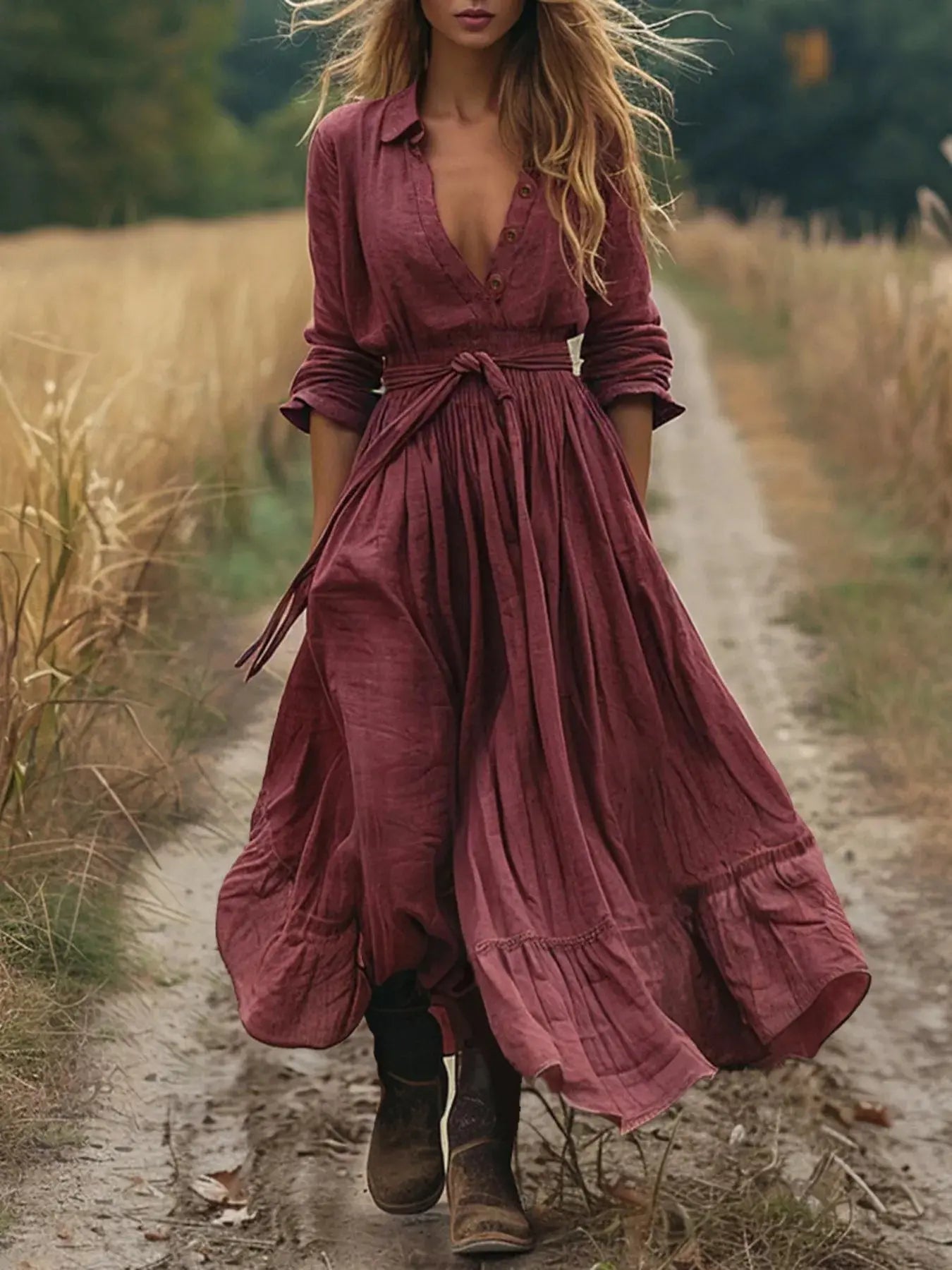 Tie Waist Long Sleeve Ruffled Hem Dress Simply Love