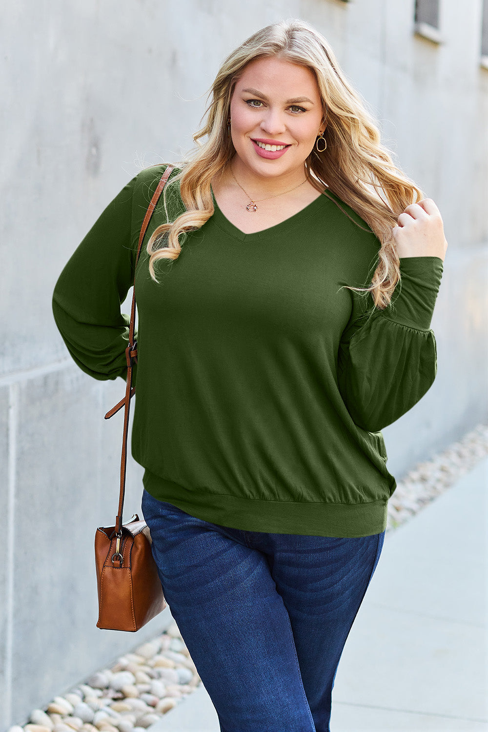 Basic Bae Full Size V-Neck Lantern Sleeve Top.