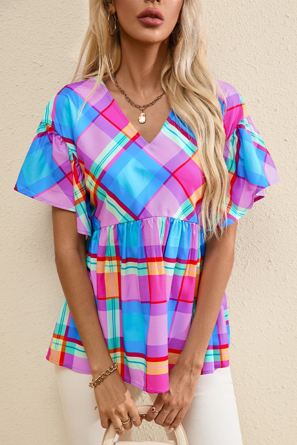 Plaid V-Neck Short Sleeve Blouse.