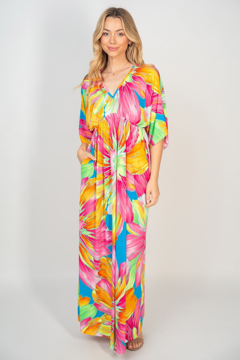 White Birch Printed V-Neck Maxi Dress with Pockets.