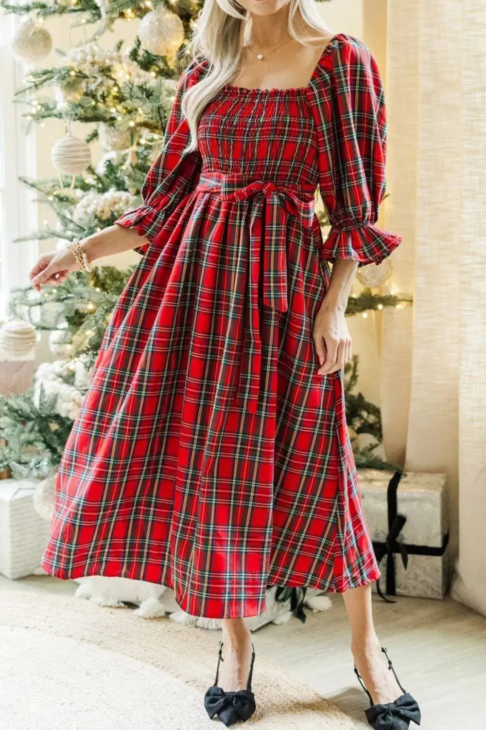 Red Plaid Smocked Midi Dress With Belted Waist And Ruffled Flounce Sleeves Simply Love