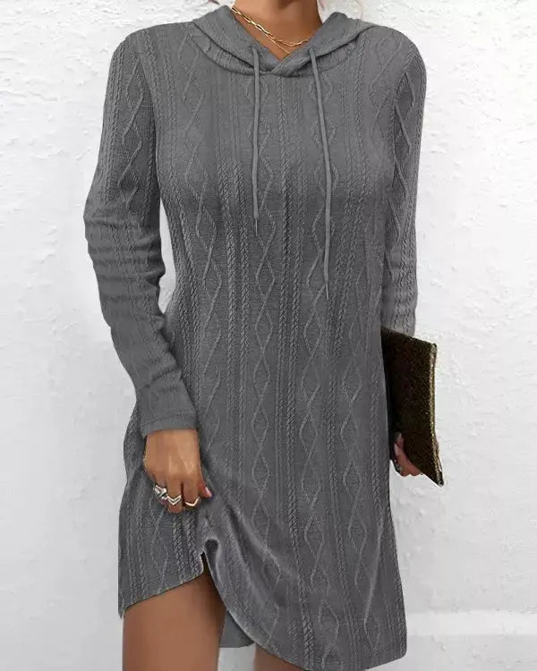 Casual Long Sleeve Hooded Cable Knit Dress With Drawstring Slit Simply Love