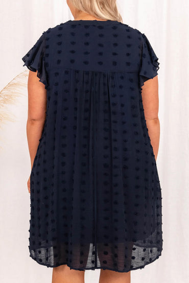 Navy Blue Dotty Textured Notched Neck Plus Ruffled Dress