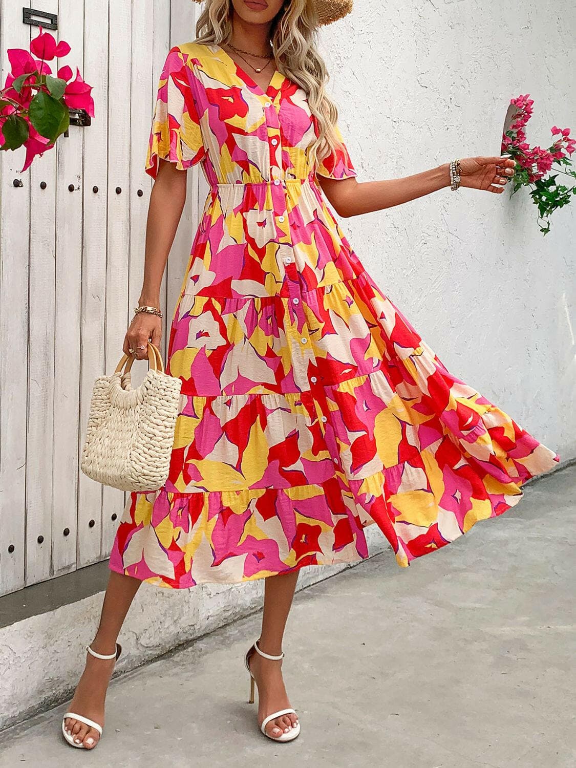 Printed V-Neck Flutter Sleeve Midi Dress.