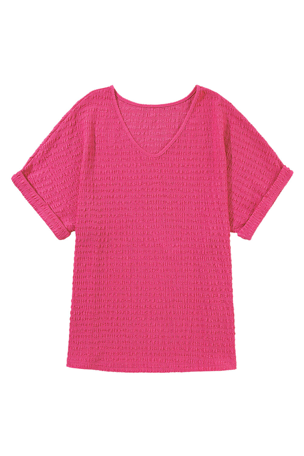 Chic bright pink rolled sleeve V neck tee for effortless style