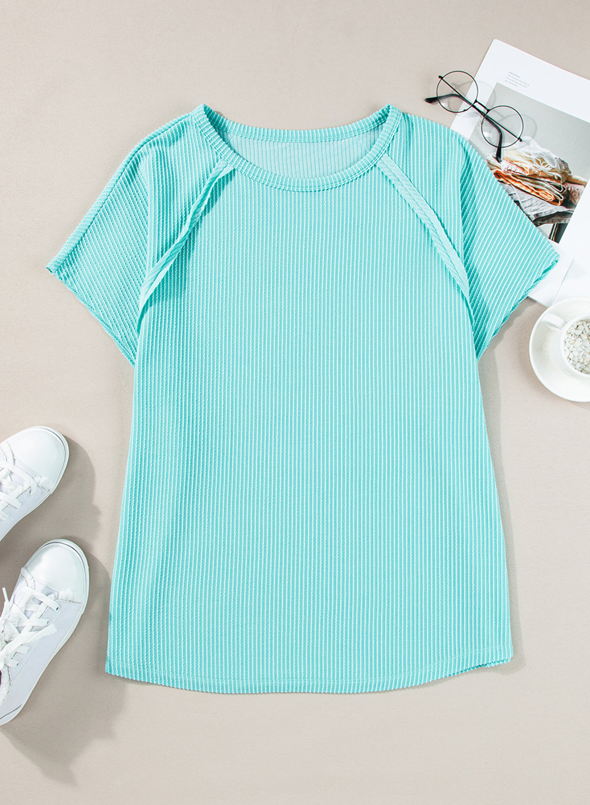 Light blue ribbed t-shirt with exposed seams for plus size comfort