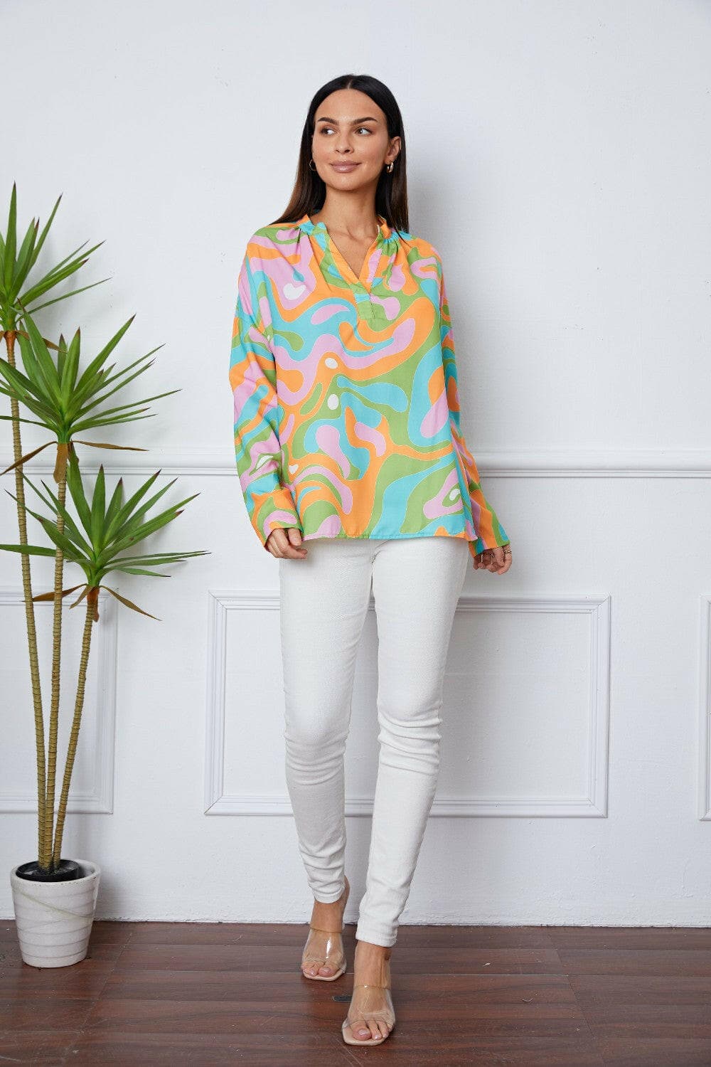 Printed Notched Long Sleeve Blouse.