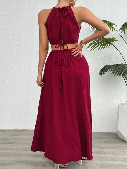 Grecian Neck Top and Slit Skirt Set.