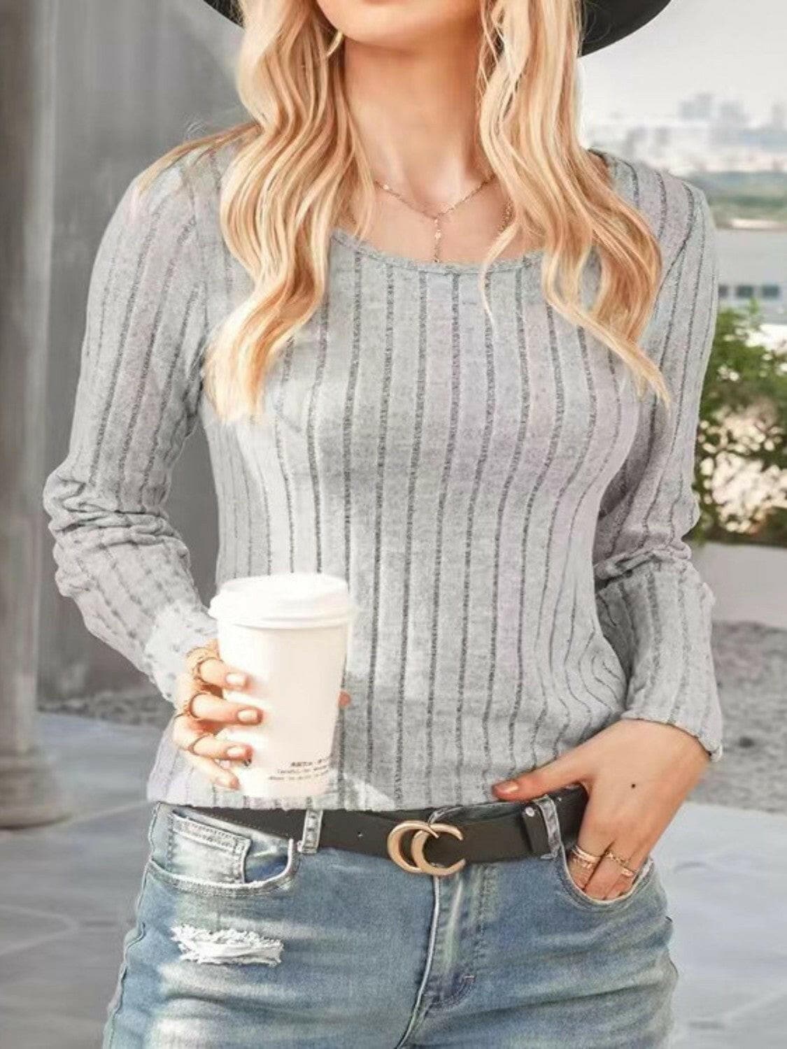 Ribbed Round Neck Long Sleeve Knit Top.