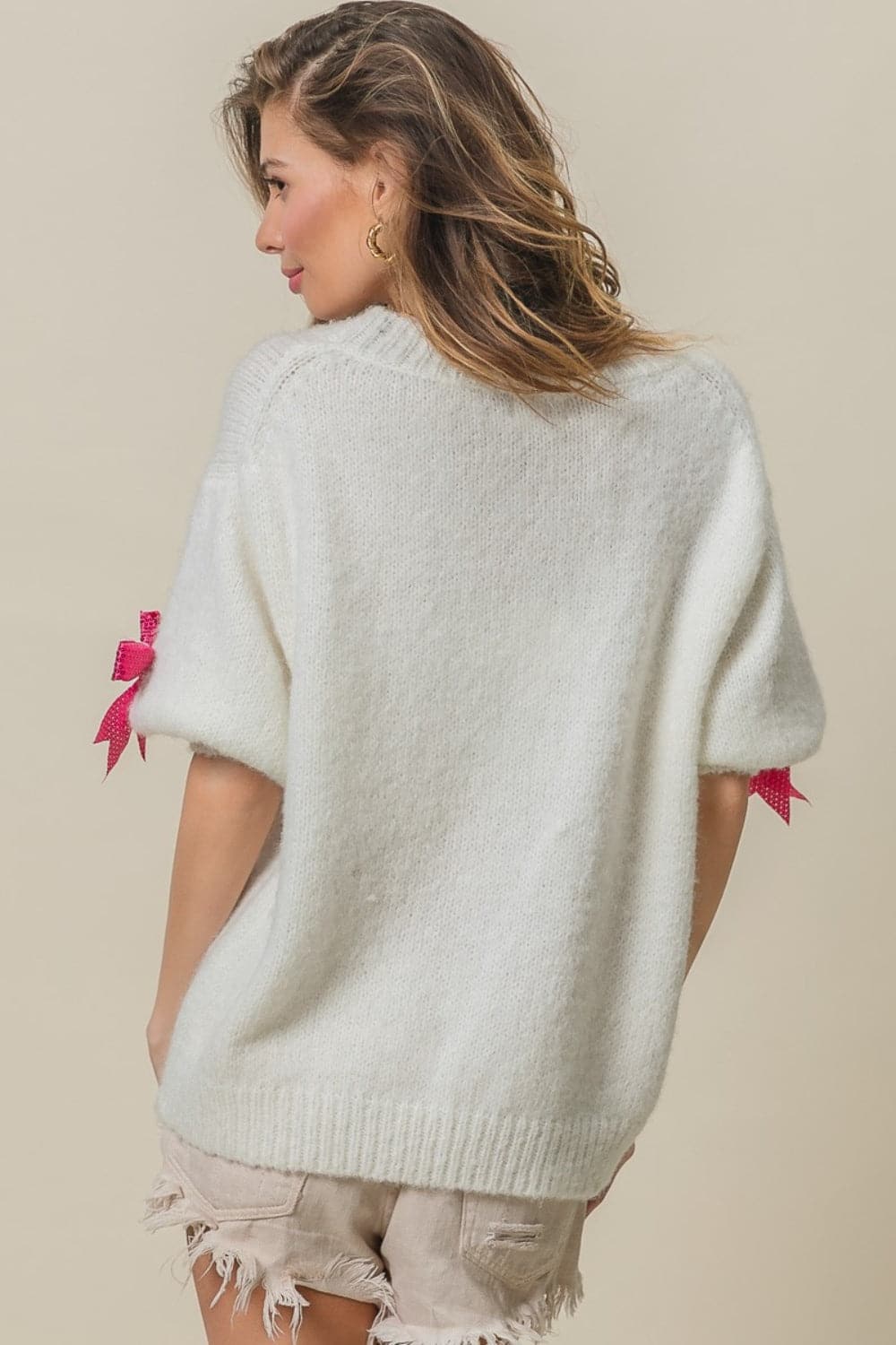 Sparkling bow puff sleeve sweater