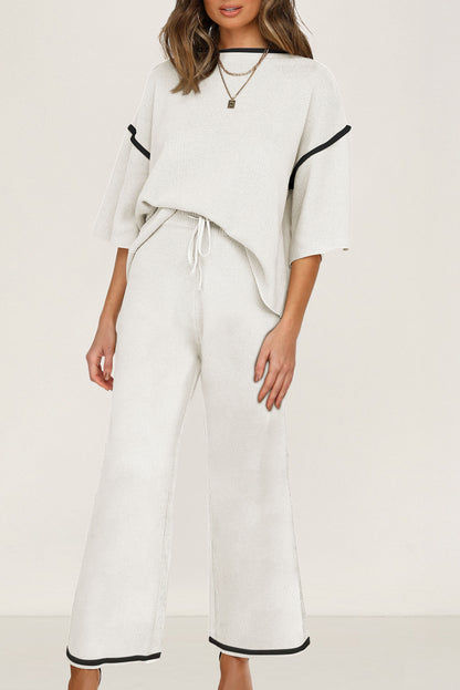 Premium White Contrast Trim Half Sleeve Top Drawstring Pants Set