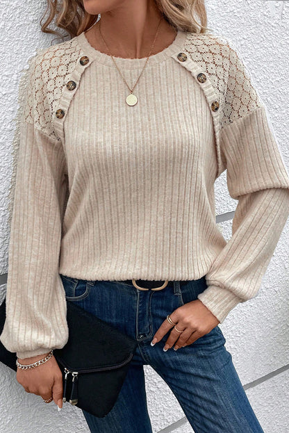 Lace detail ribbed top with button accents and raglan sleeves