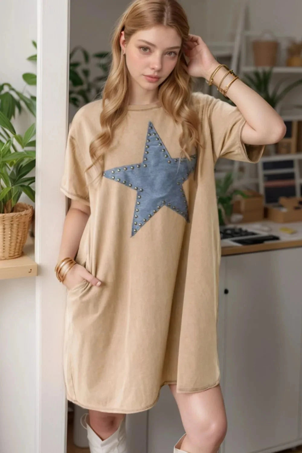 Mineral Wash Stud Beaded Star Pocketed T Shirt Dress Simply Love