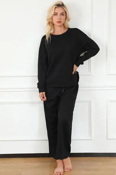 Double Take Full Size Textured Long Sleeve Top and Drawstring Pants Set - Love Salve