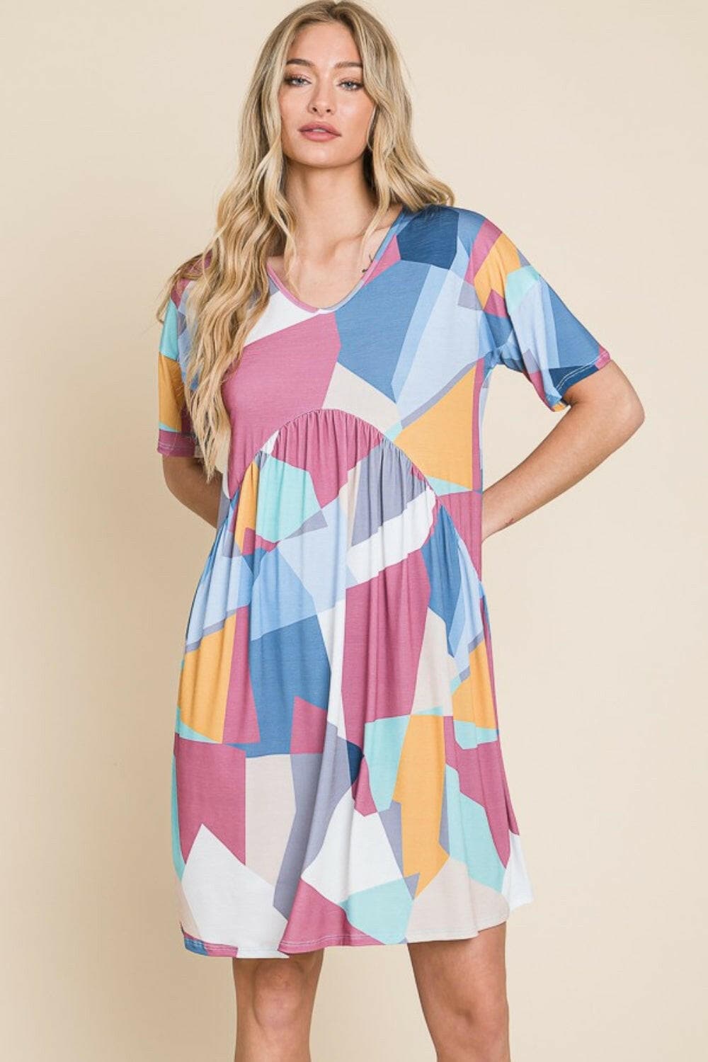 BOMBOM Ruched Color Block Short Sleeve Dress.