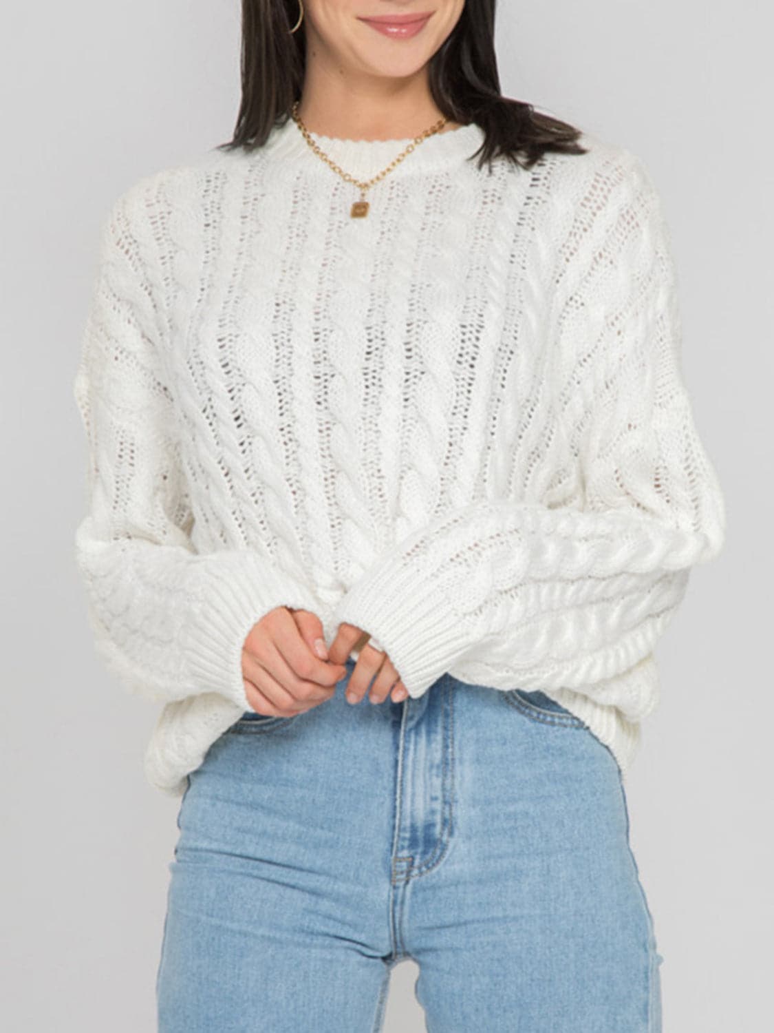 Openwork Round Sleeve Cable-Knit Sweater.