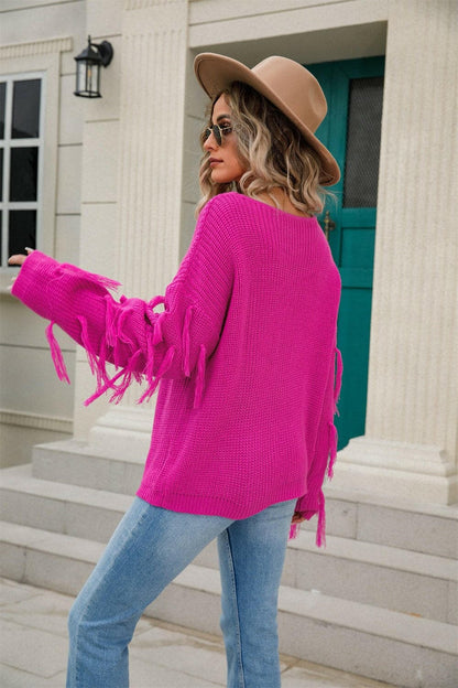 Fringe Round Neck Dropped Shoulder Sweater.