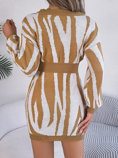 Animal Print V-Neck Long Sleeve Sweater Dress.