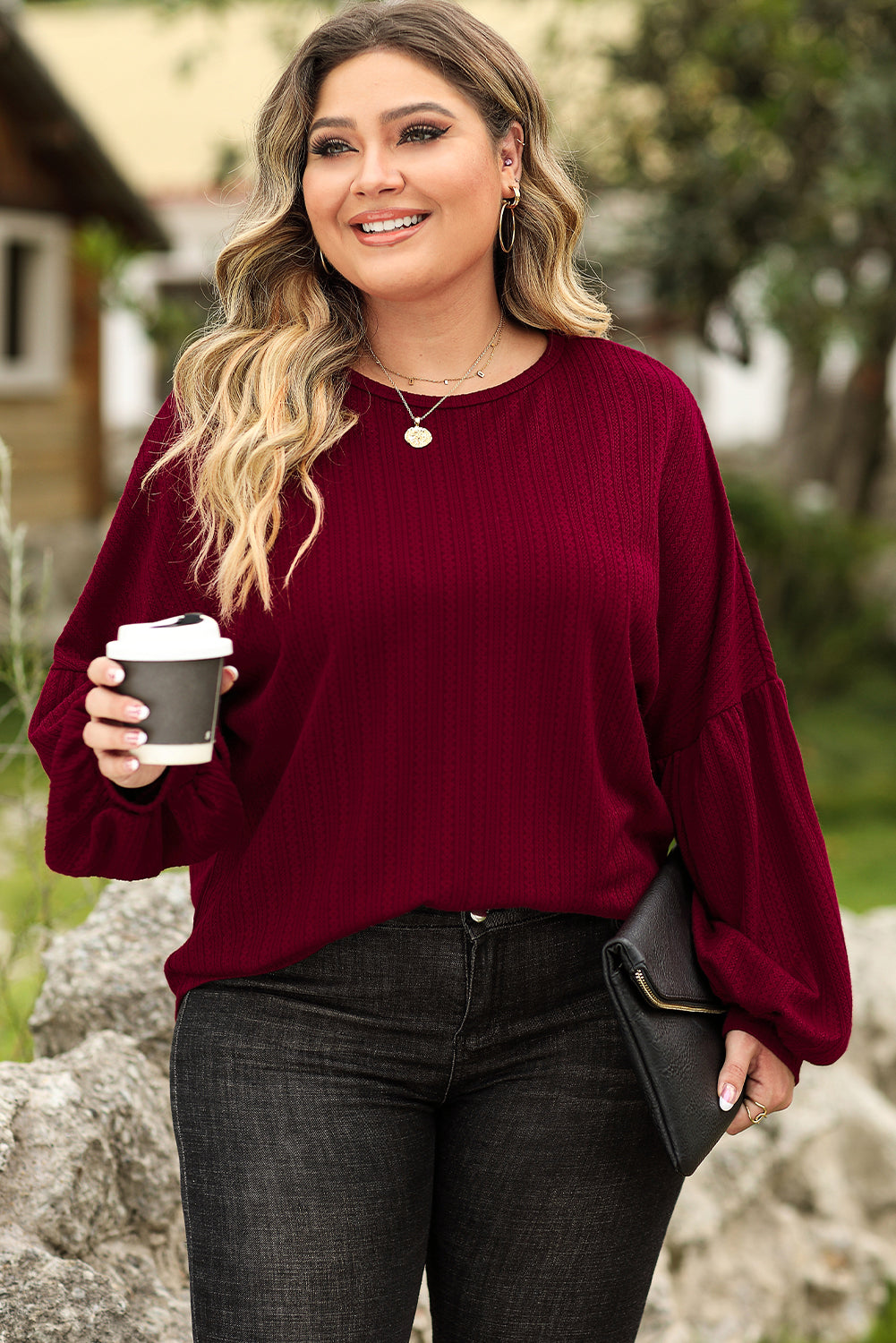 Chic red dahlia plus size textured knit top with playful balloon sleeves