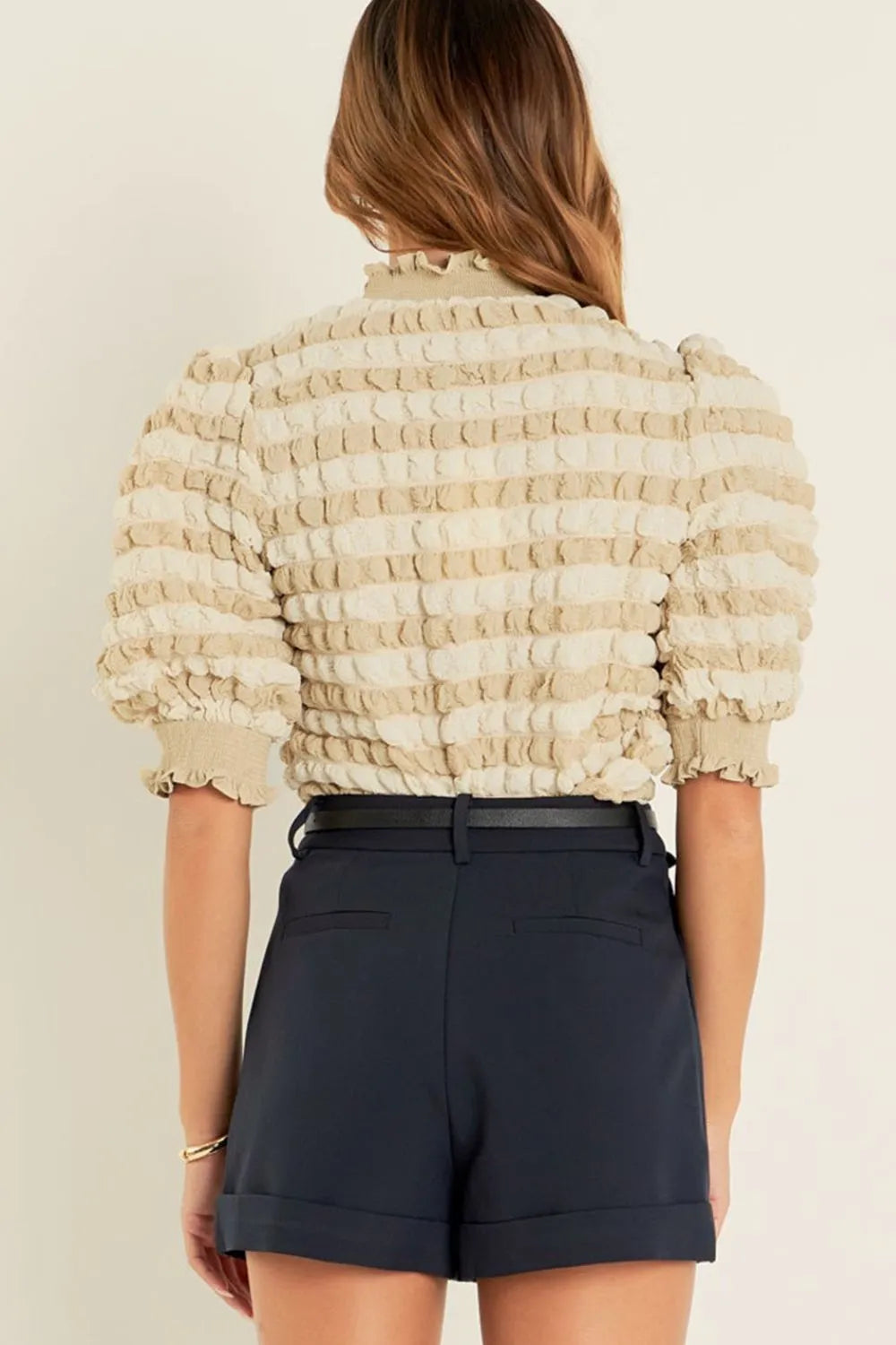 Textured Mock Neck Short Sleeve Blouse