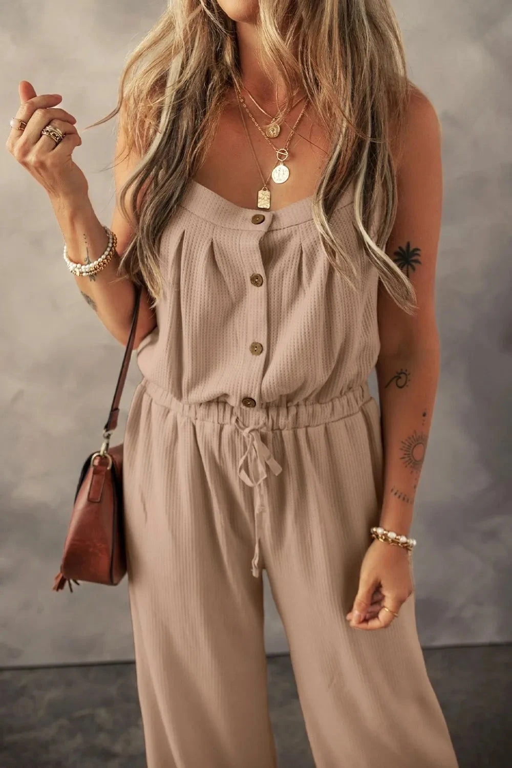 Knotted Straps Button Textured Drawstring Jumpsuit Simply Love
