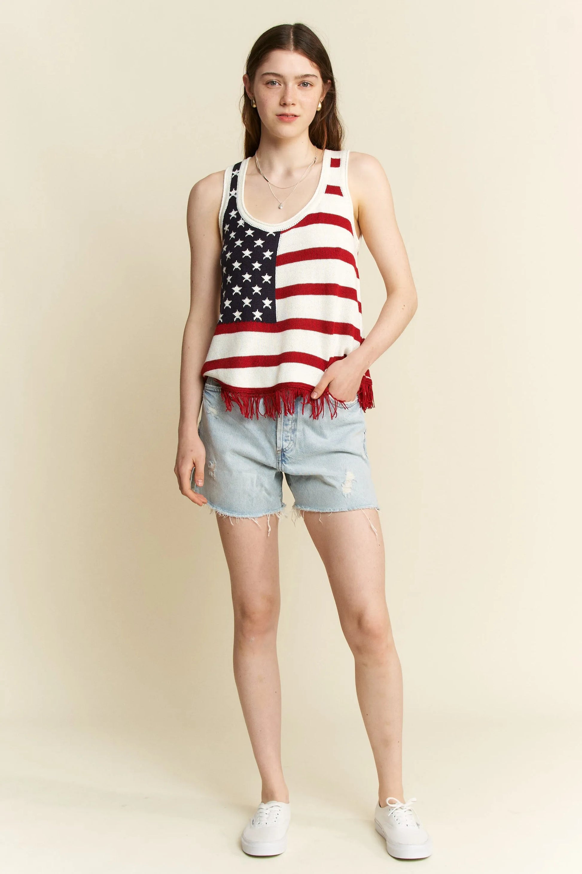 Jade By Jane Full Size American Flag Fringe Tank Top Plus Size - Love Salve 
