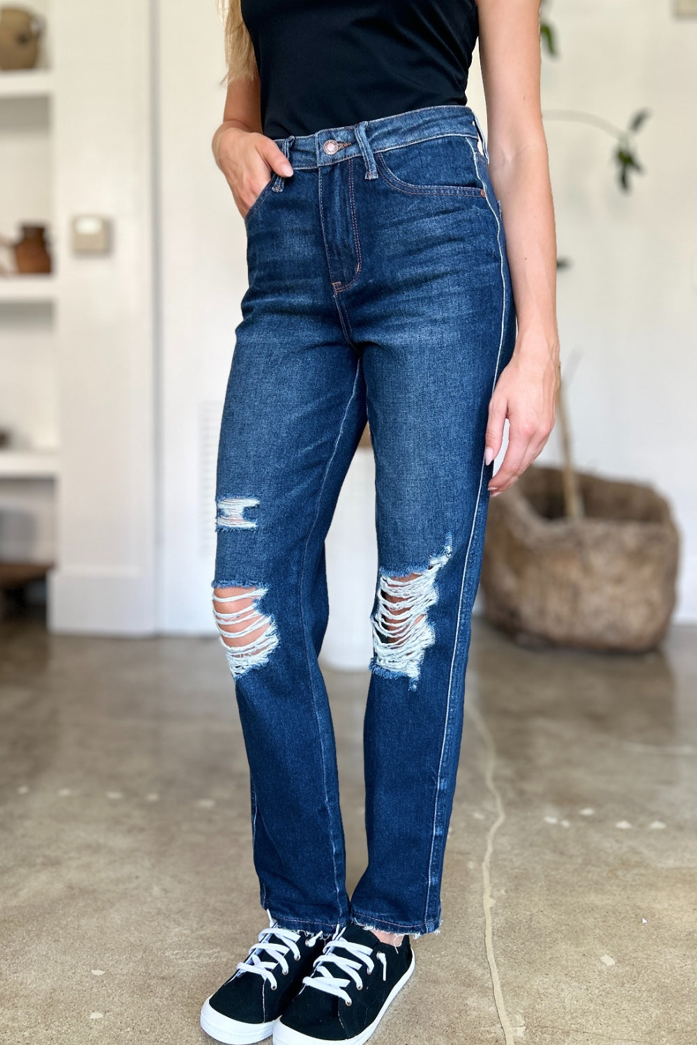 Judy Blue Full Size High Waist Rigid Magic Heavy Destroy Straight Jeans Coco’s Tee Boutique