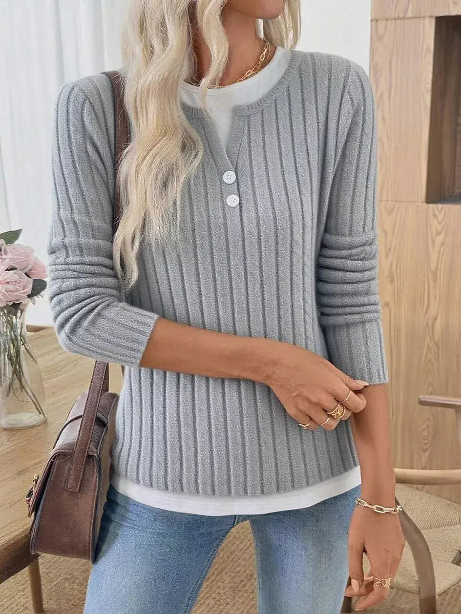 Ribbed Knit Long Sleeve Fake Two Piece T Shirt With Decorative Buttons Simply Love
