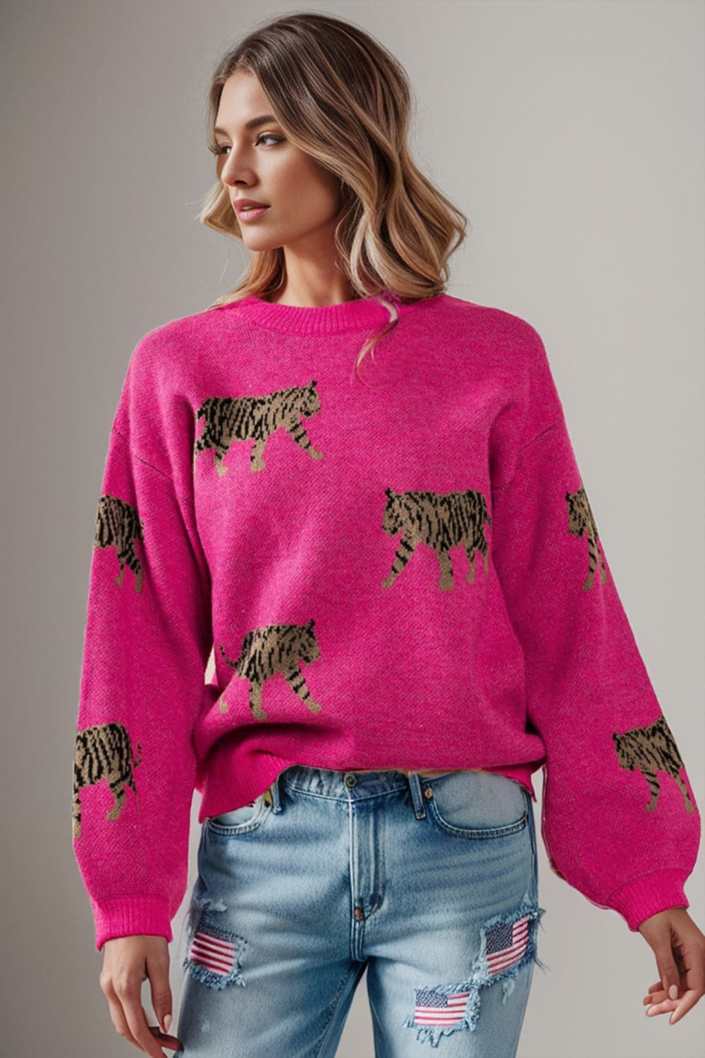 Tiger Pattern Round Neck Drop Shoulder Sweater.