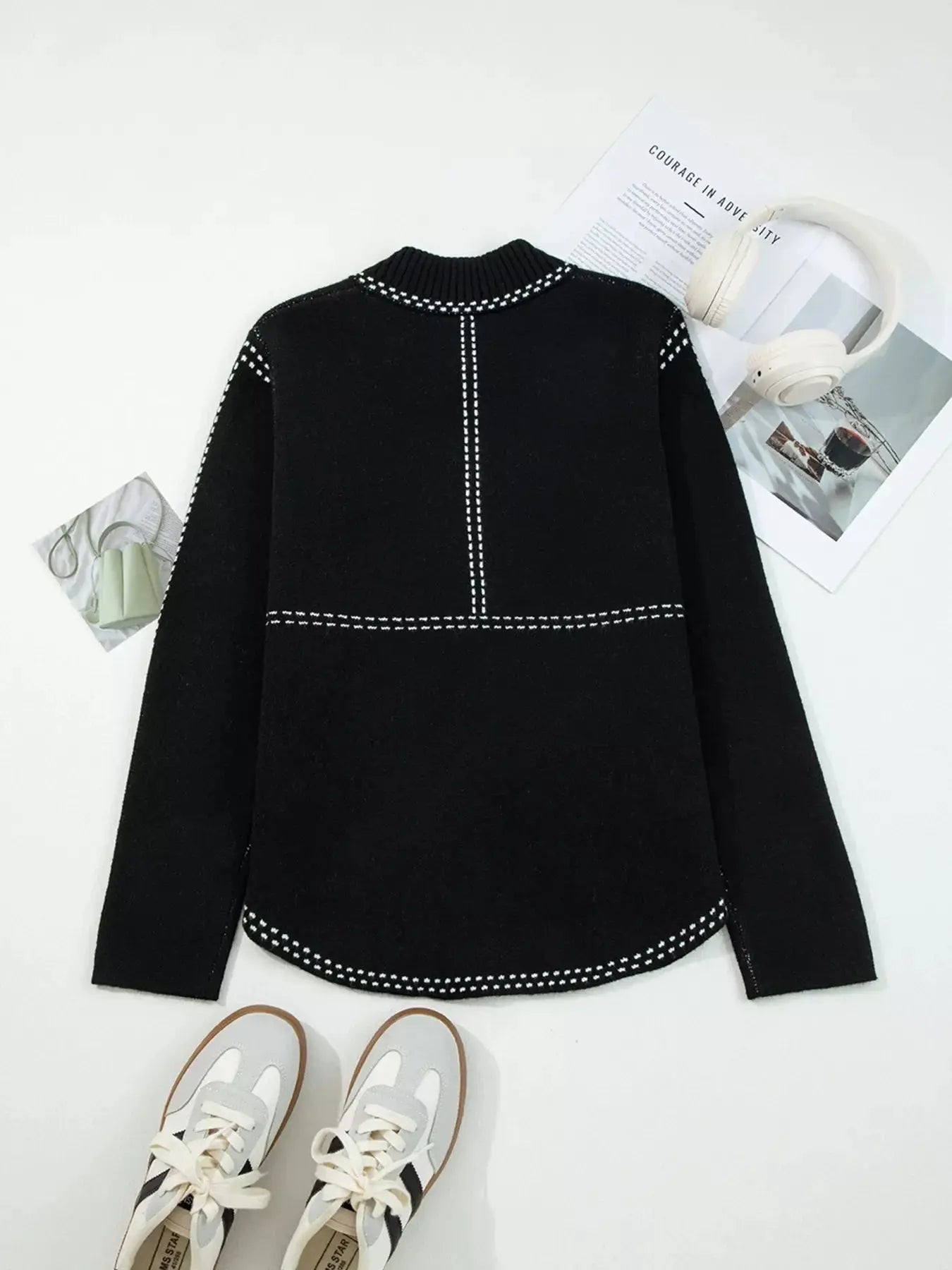 Contrast Trim Button up Sweater Cardigan Simply Love