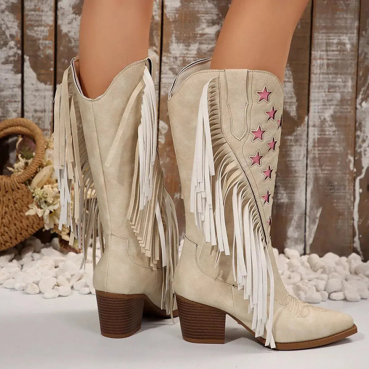 Star Fringe Block Heel Boots Simply Love