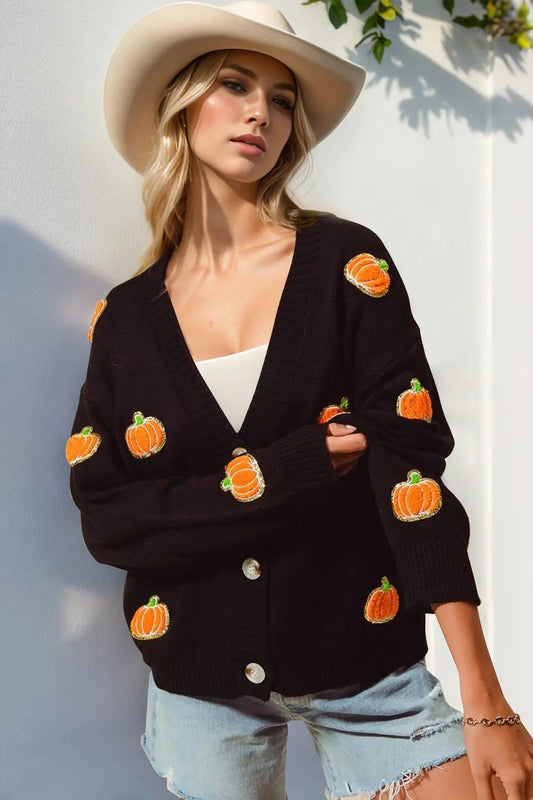Double Take Full Size Pumpkin Button Up Long Sleeve Cardigan - Love Salve