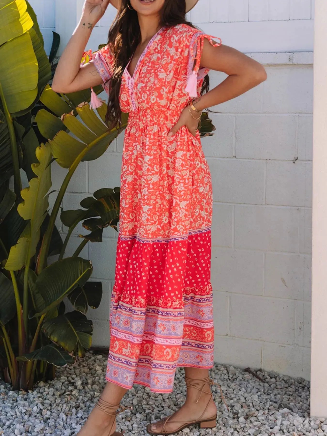 Floral Print Tasseled Tied Sleeve Empire Waist Dress Simply Love