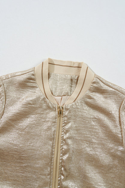 Shimmering pale khaki metallic baseball jacket with zip closure